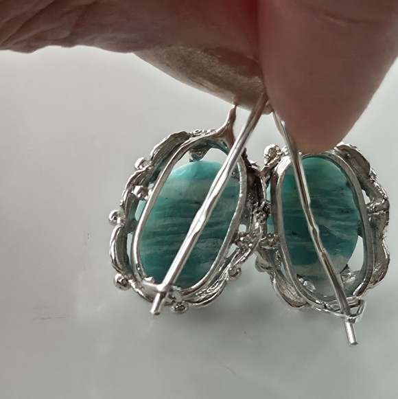 Sterling Silver 925 Amazonite Teal Stone Drop Earrings Vintage Boho Large - Picture 8 of 9